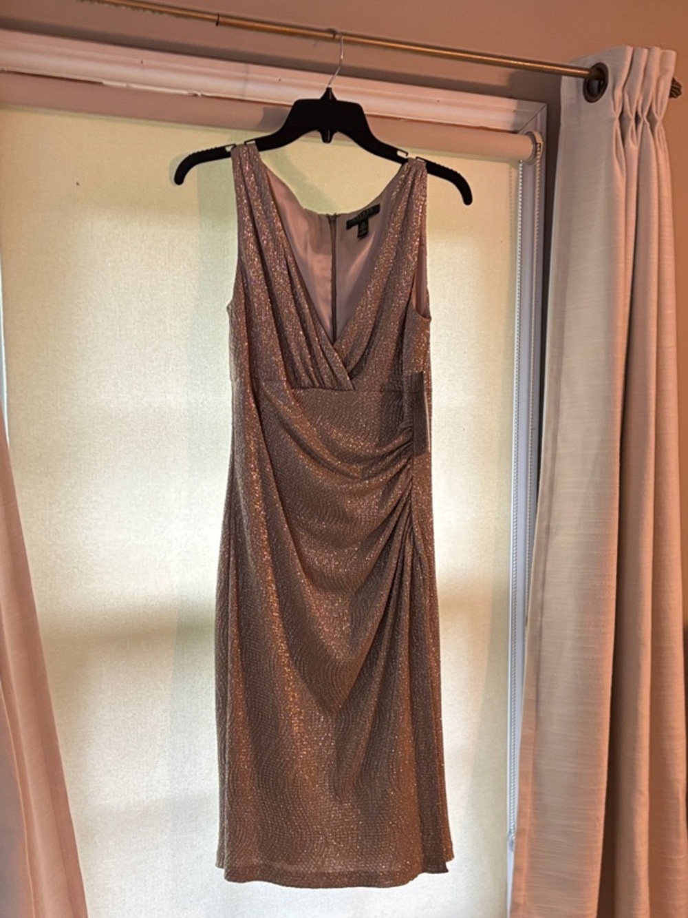 Sleeveless Shimmery Ralph Lauren Gold Midi Dress with Draped Waist